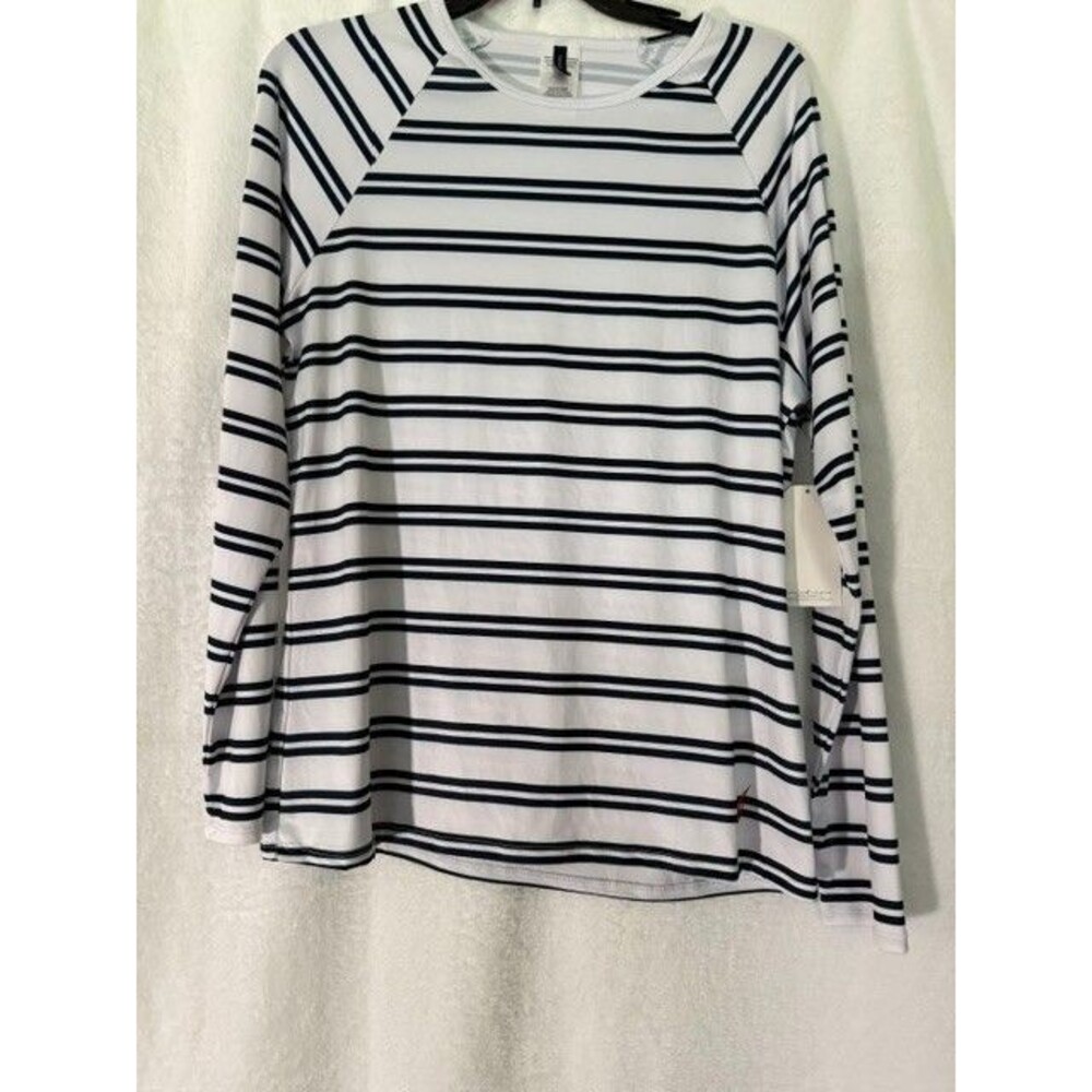 Nautica Women’s Rash Guard XL White Navy Stripe Long Sleeve Swim Shirt NWT